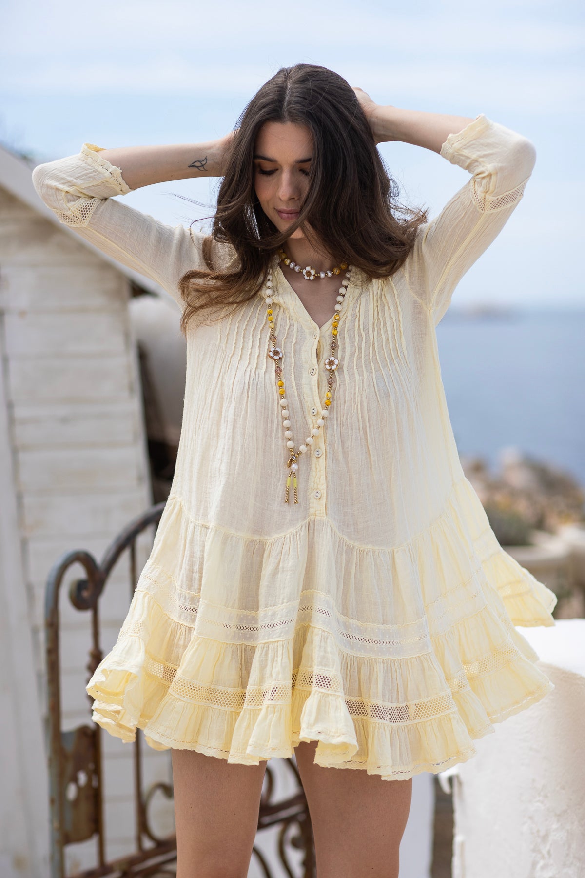 yellow linen dress with sleeves Belle Linen Dress with Rose in Yellow vichy Sleeper
