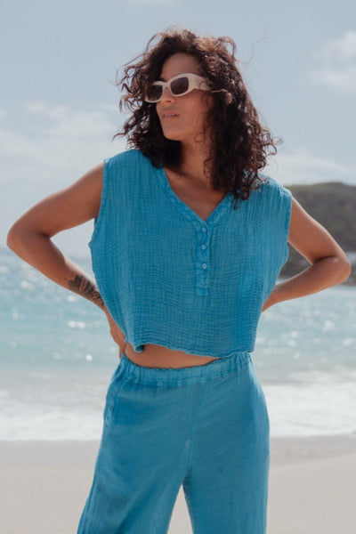 Madja Linen Top Turquoise