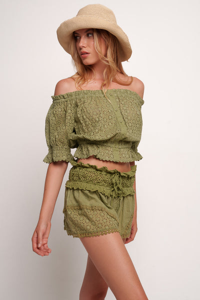 Ray Flower Embroidered Short Kaki