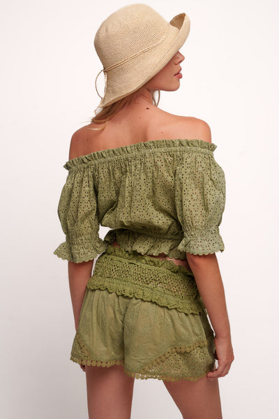 Ray Flower Embroidered Short Kaki