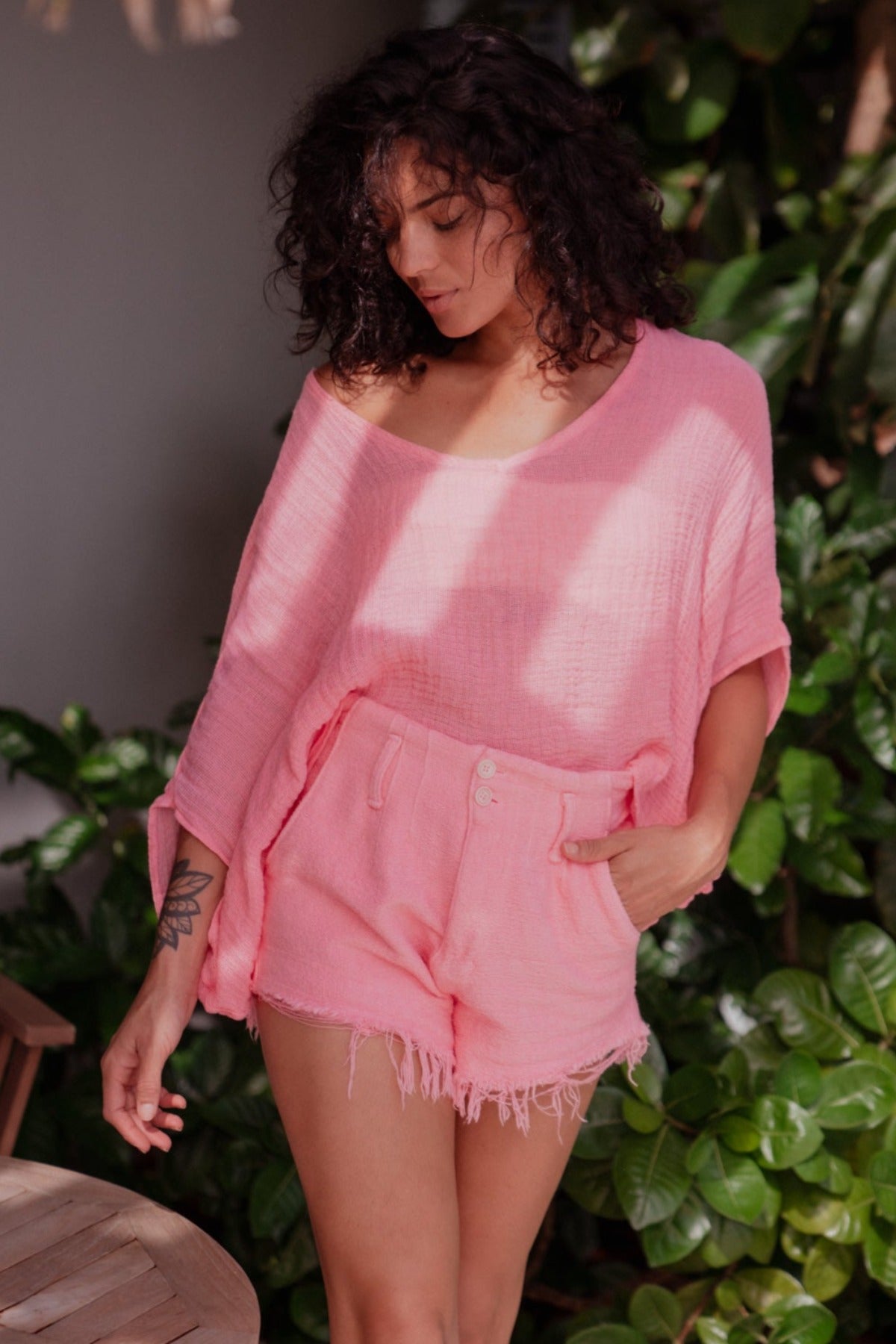 Coros Linen Top Pink