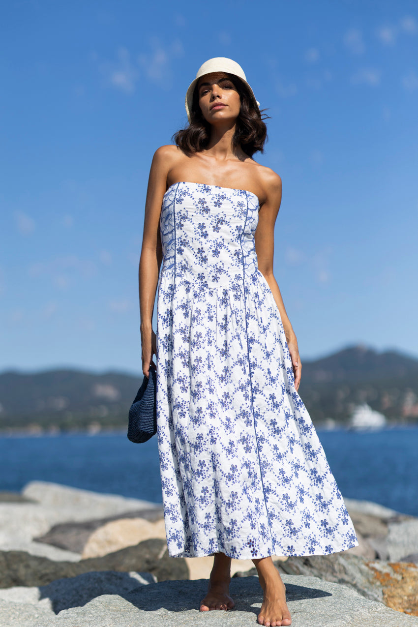 Pacifica Embroidered Bustier Dress Blue