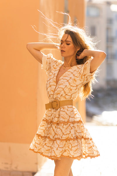 Ginette Embroidered Mini Dress Camel