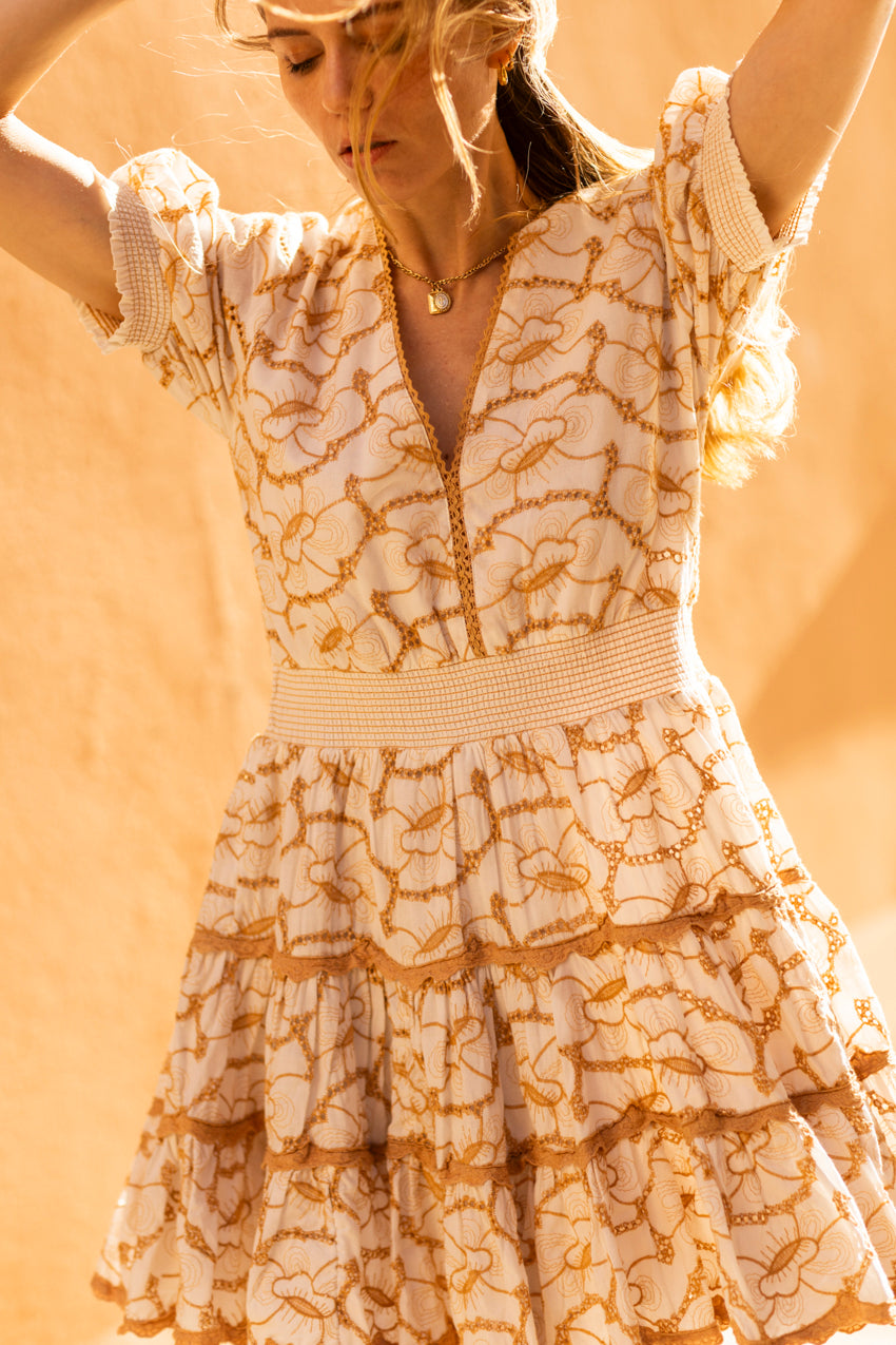 Ginette Embroidered Mini Dress Camel