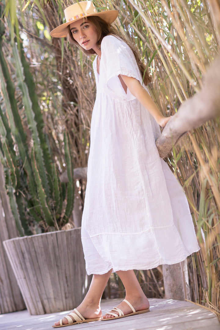 Sunday Saint-Tropez - Valentina Linen White Maxi Dress with Short Sleeves and Lace Details Sunday Saint-Tropez - Valentina Linen White Maxi Dress with Short Sleeves and Lace Details
