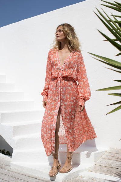 Cabana Flower Kimono Dress Coral