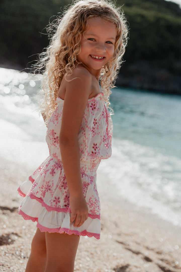 childrens beach dresses Malibu Kids Embroidered Dress Pink Pink / 4/6 Tiffany blue A side sash ties Women's Casual Wrap V Size:4'9 - 4'11